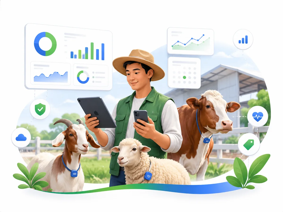 Peternak menggunakan tablet RUMINARA bersama kambing, domba, dan sapi