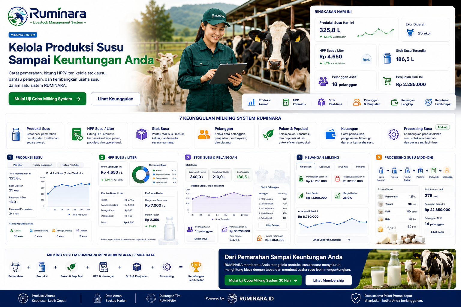 Dashboard Milking System RUMINARA: produksi susu, HPP per liter, stok susu, pelanggan, dan keuangan