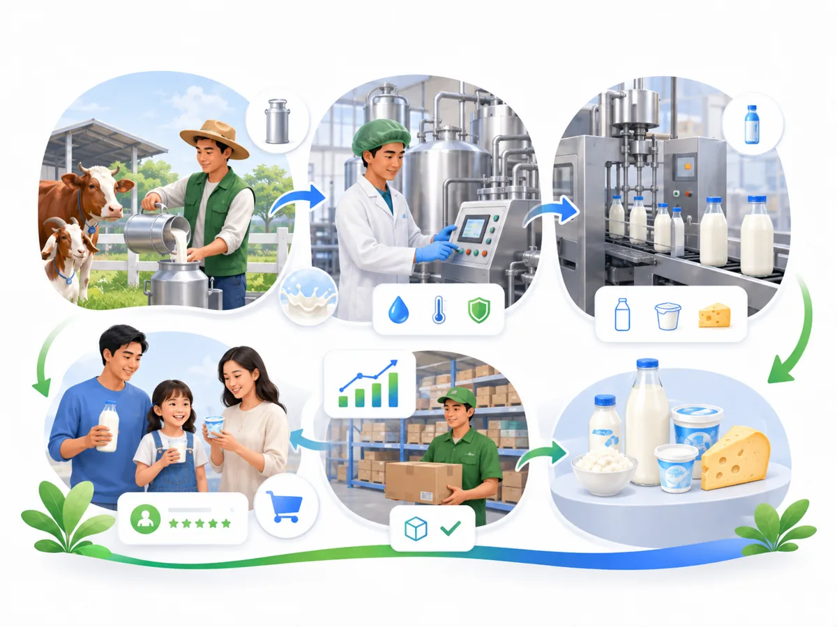 Alur processing susu RUMINARA: susu mentah, proses, produk olahan, packing, stok, dan penjualan