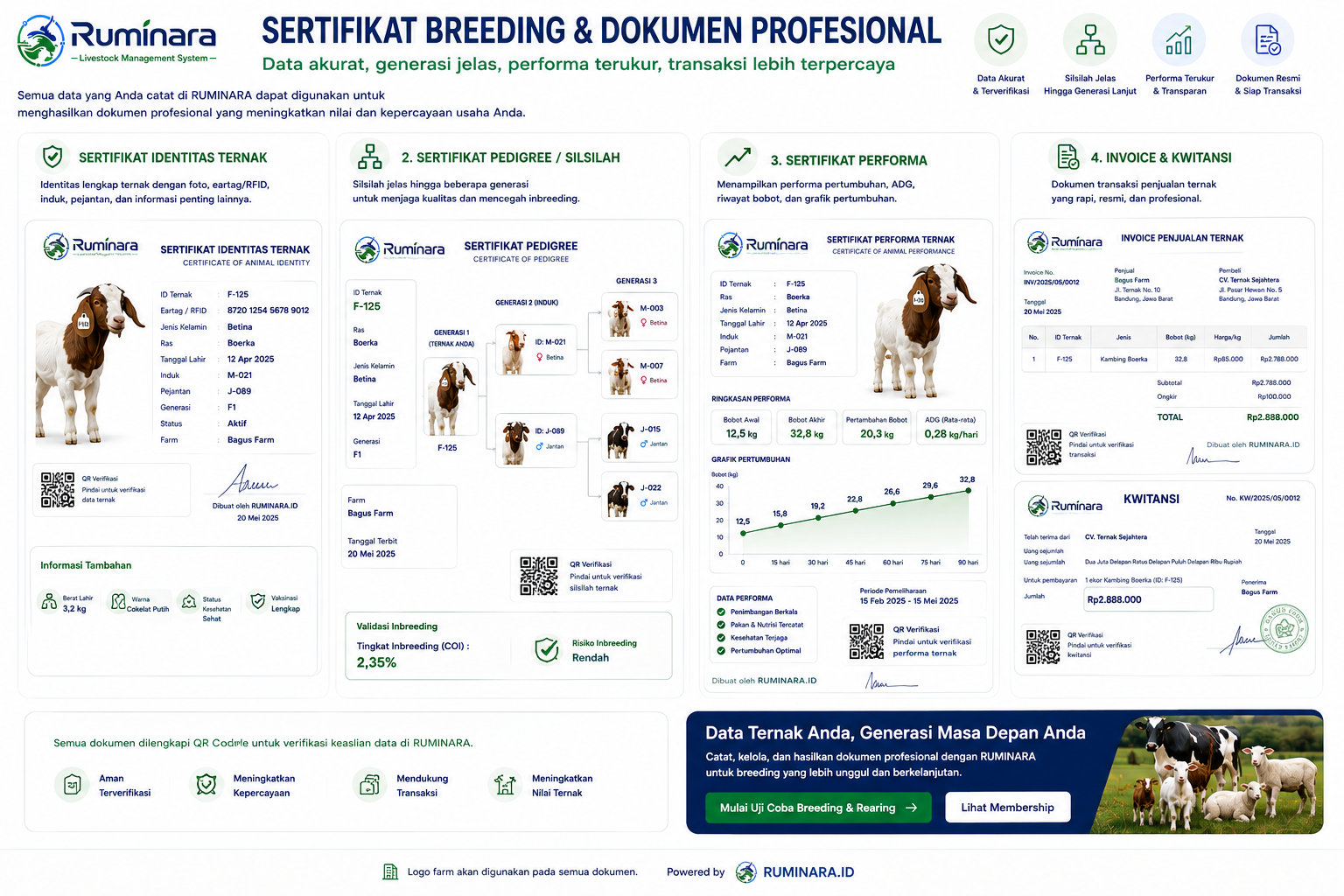 Contoh sertifikat identitas, pedigree, performa, invoice, dan kwitansi ternak RUMINARA